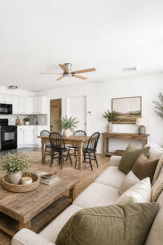 Modern beige living room with sofa, wooden coffee table, potted plant, and framed botanical wall art