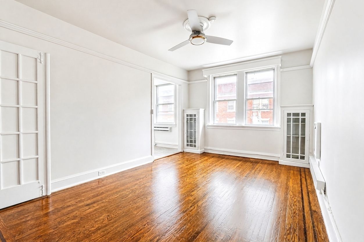 Bright empty room with hardwood floors, white walls, ceiling fan, and large windows.