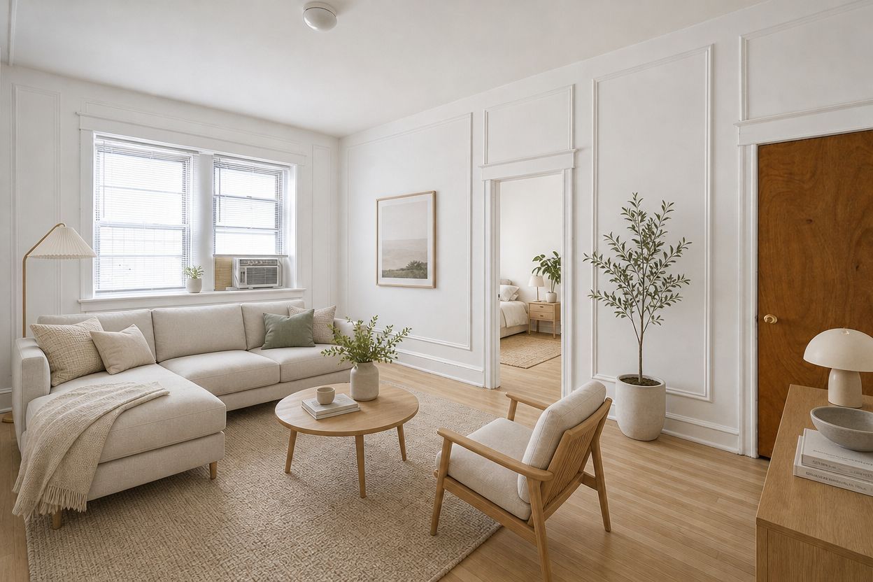 Bright minimalist living room with cream sofa, wooden chairs, round coffee table, and large windows.