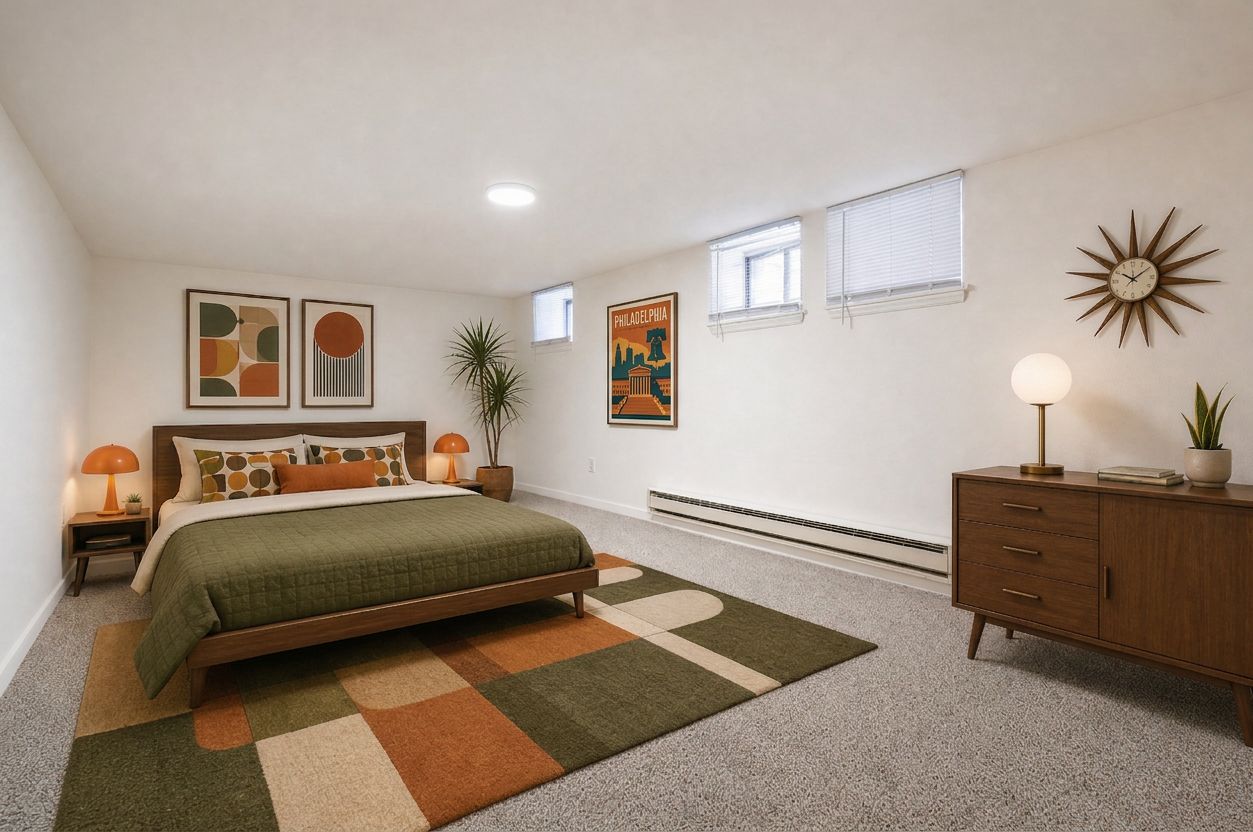 Cozy bedroom with a bed, geometric rug, dresser, wall art, and warm lamp lighting