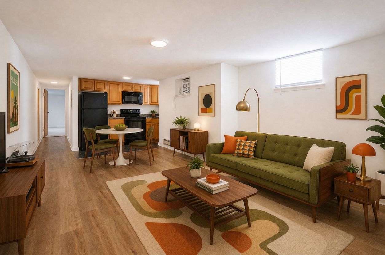 Bright living room with green sofa, patterned rug, wooden coffee table, and a kitchen in the background