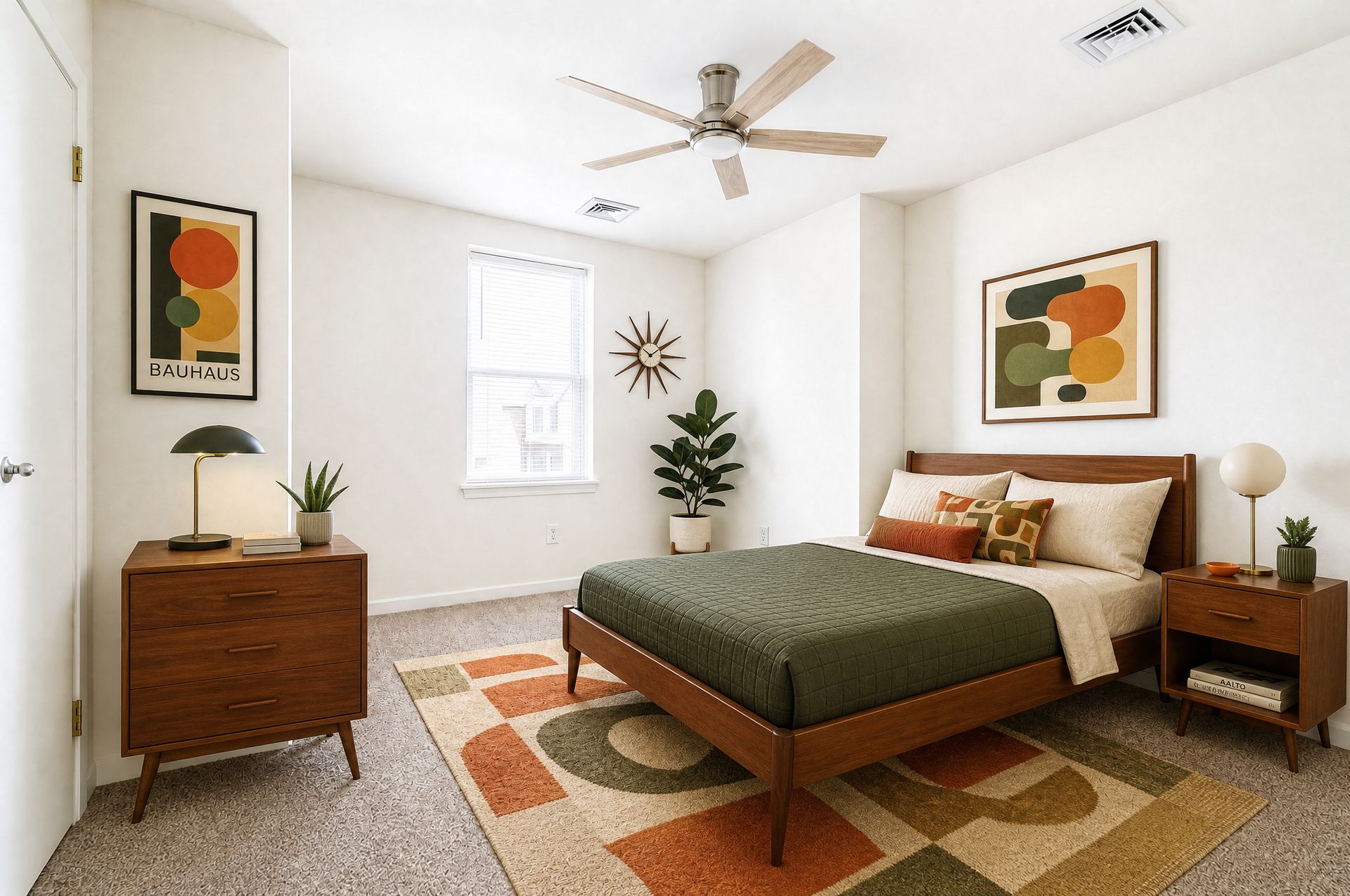 Bright bedroom with green bed, geometric rug, wooden nightstands, wall art, and a ceiling fan.