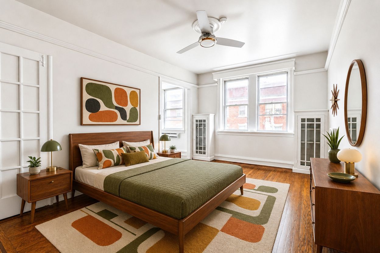 Bright bedroom with bed, patterned rug, wood floors, white walls, and large windows