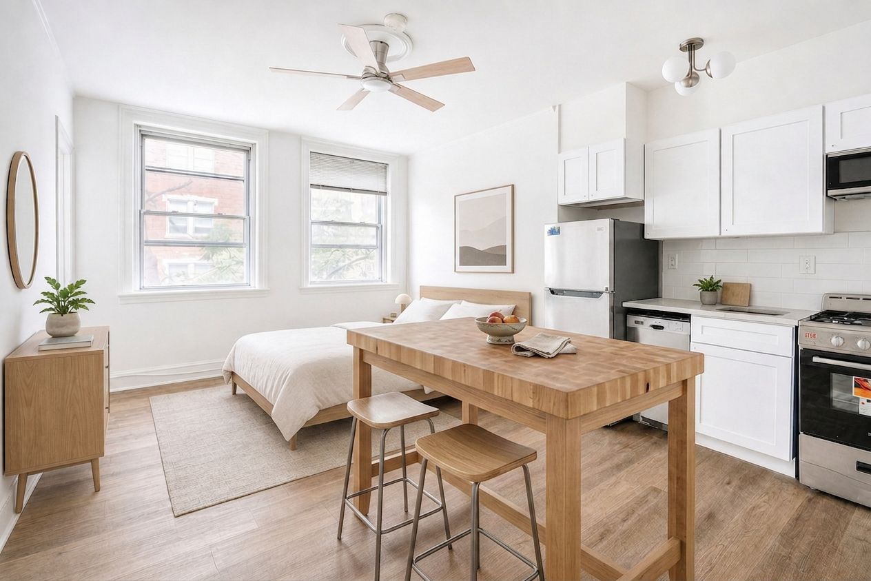 Bright studio apartment with bed, wooden table, kitchenette, and white cabinets in natural light