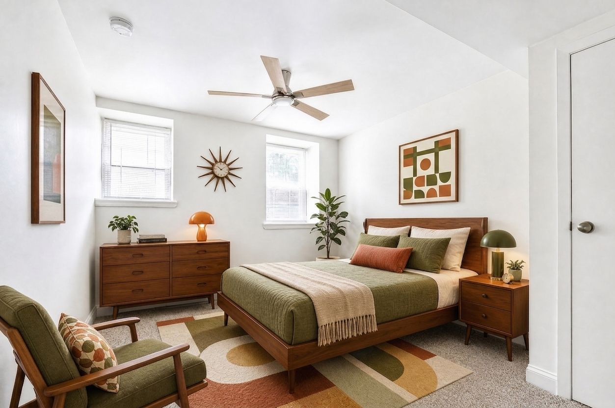 Bright bedroom with green bed, wooden dresser, patterned rug, and ceiling fan in white decor.