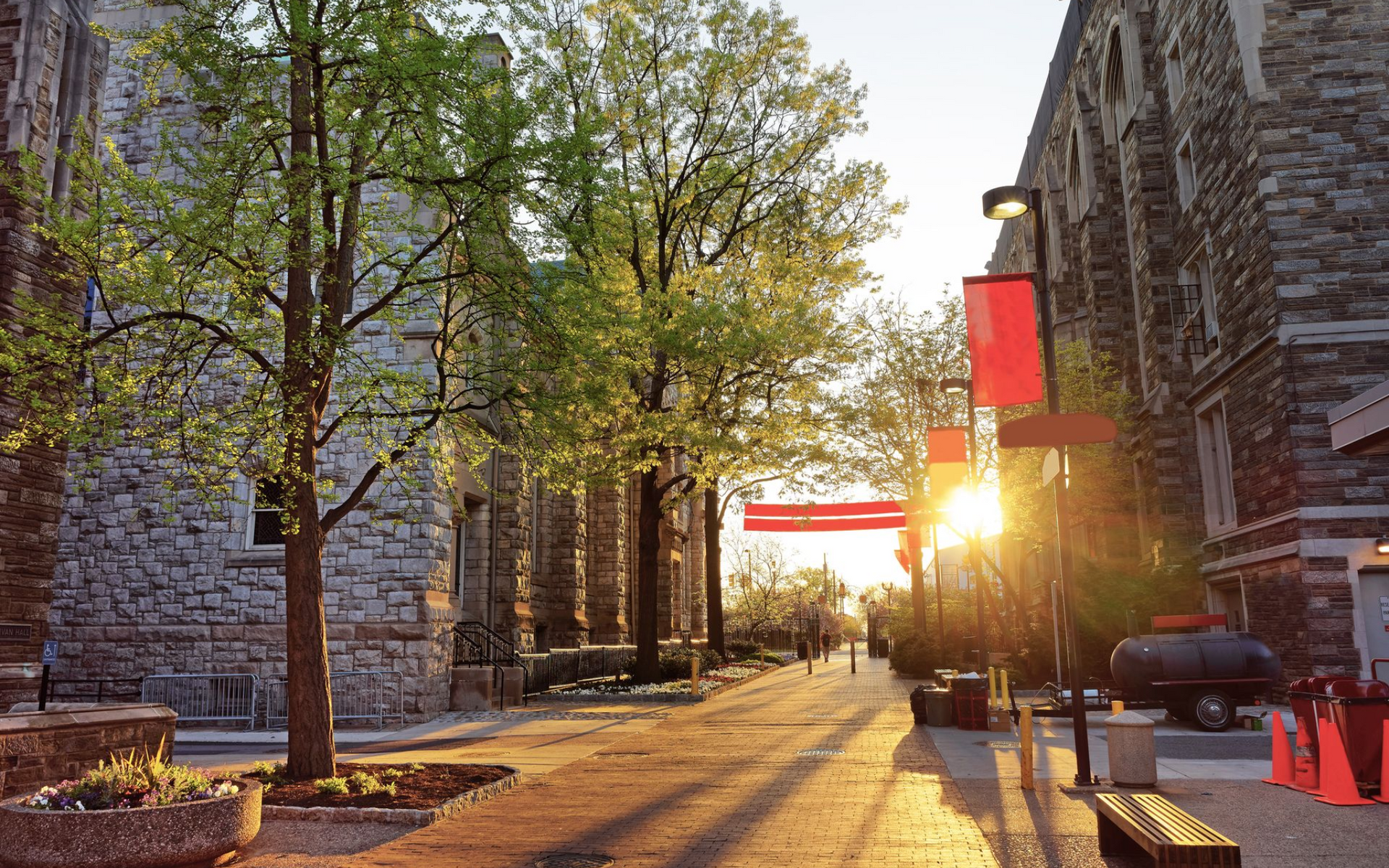Sunlit street between stone buildings with trees and red banners at sunset