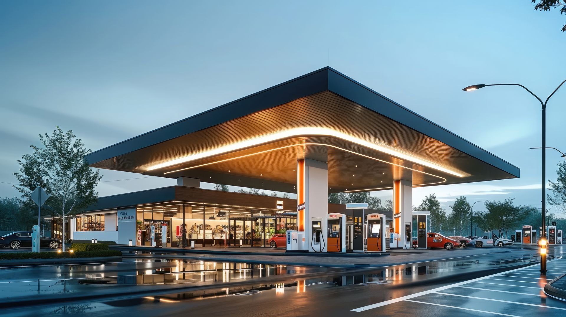 Modern gas station with glowing canopy lights on a rainy evening, reflected on wet pavement