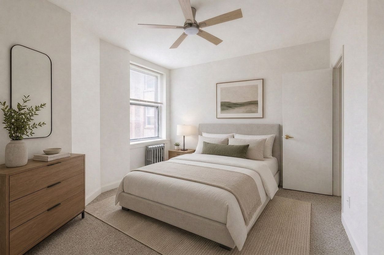 Bright minimalist bedroom with a bed, dresser, window, ceiling fan, and neutral decor