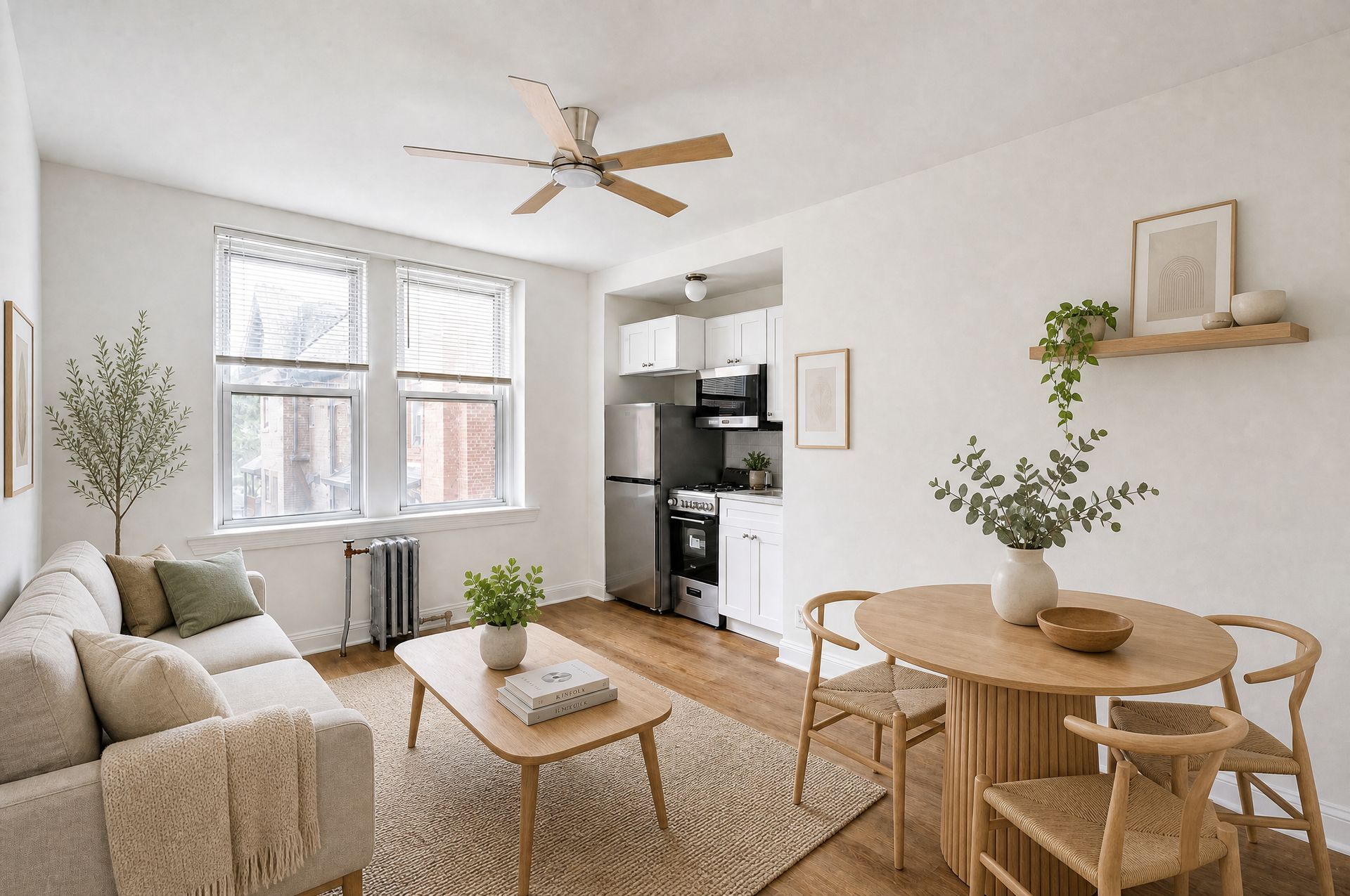 Bright minimalist living room with beige sofa, wooden dining set, plants, and open kitchen.