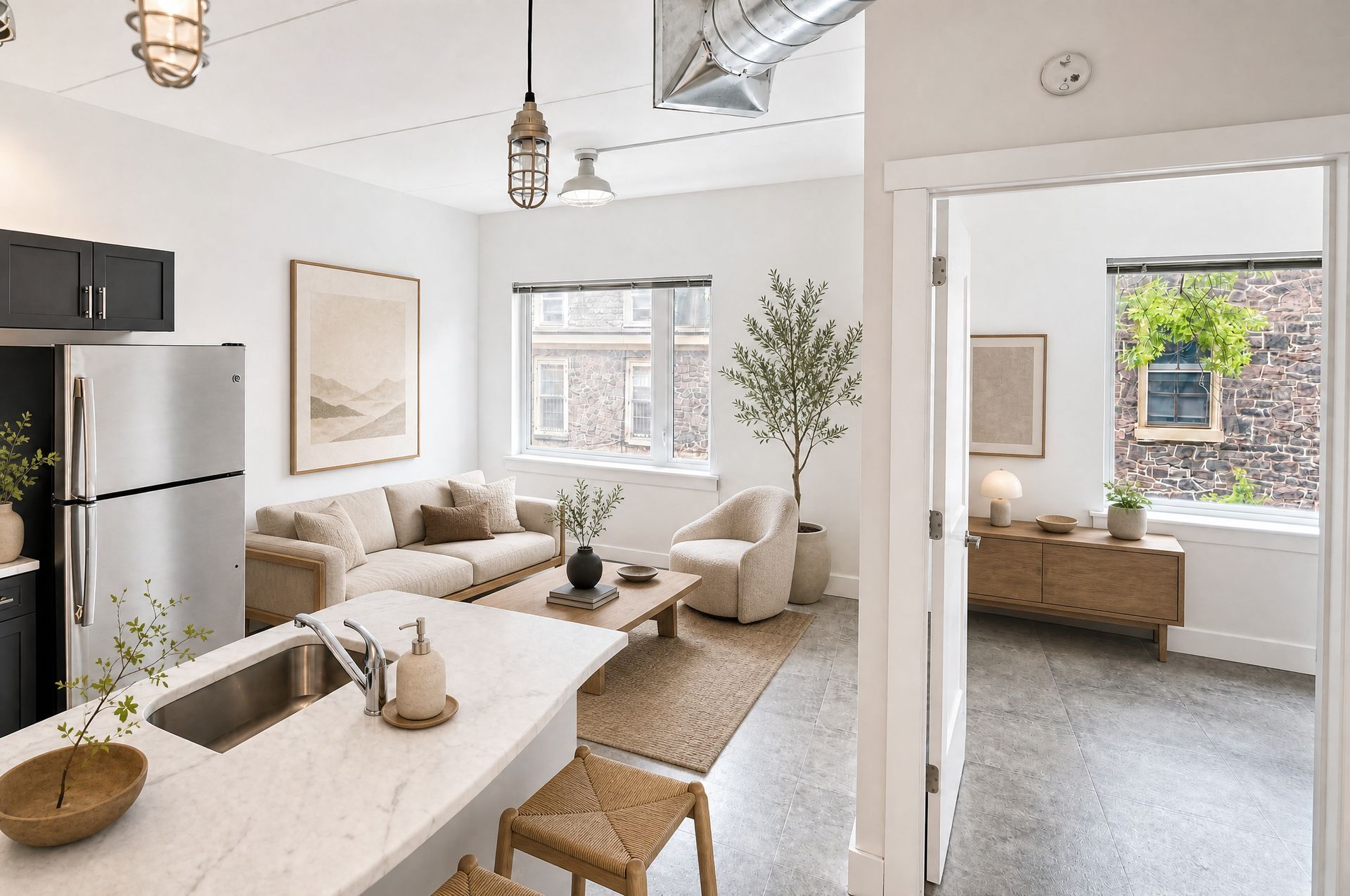 Bright, minimalist living room and kitchen with white furniture, wood accents, and a view into a cozy sunroom.