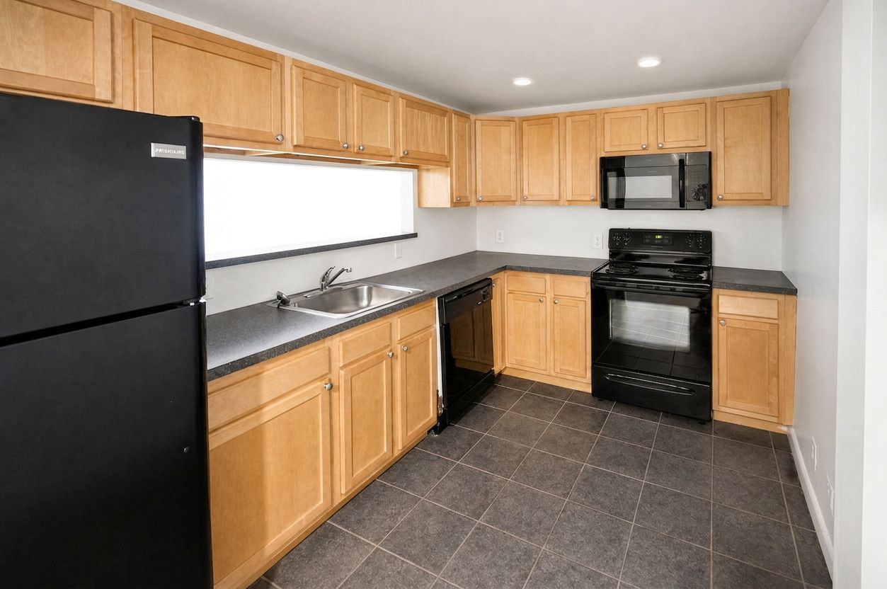 Empty kitchen with black appliances, light wood cabinets, and dark countertop and tile floor.