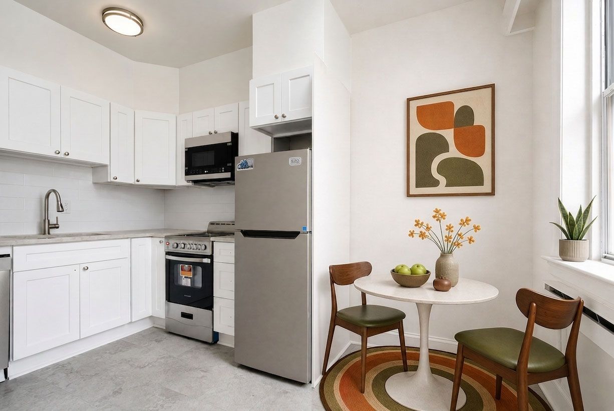 Bright white kitchen with stainless fridge, stove, wall art, and a small round dining table by the window.