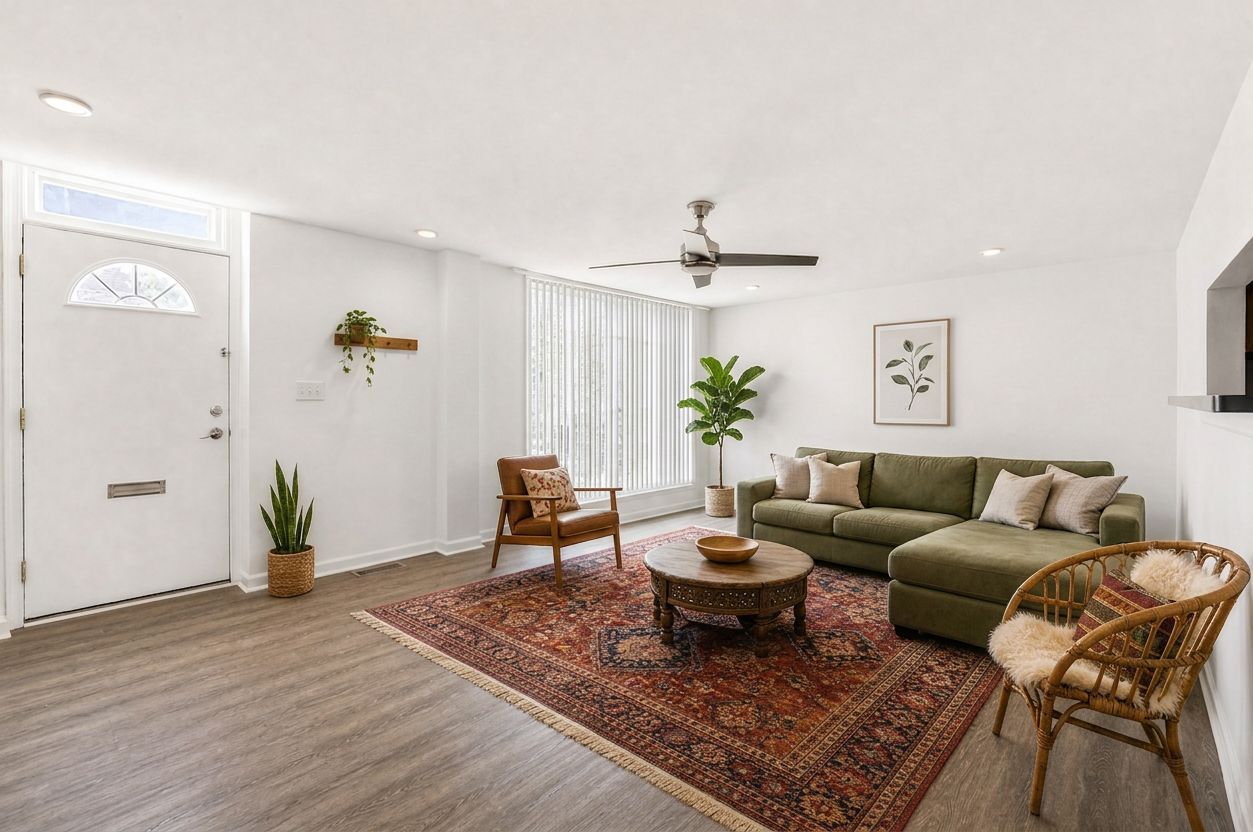 Bright living room with white sofa, blue armchair, coffee table, rug, and large windows