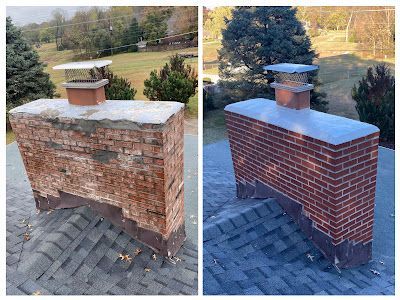 A before and after picture of a brick chimney on a roof.