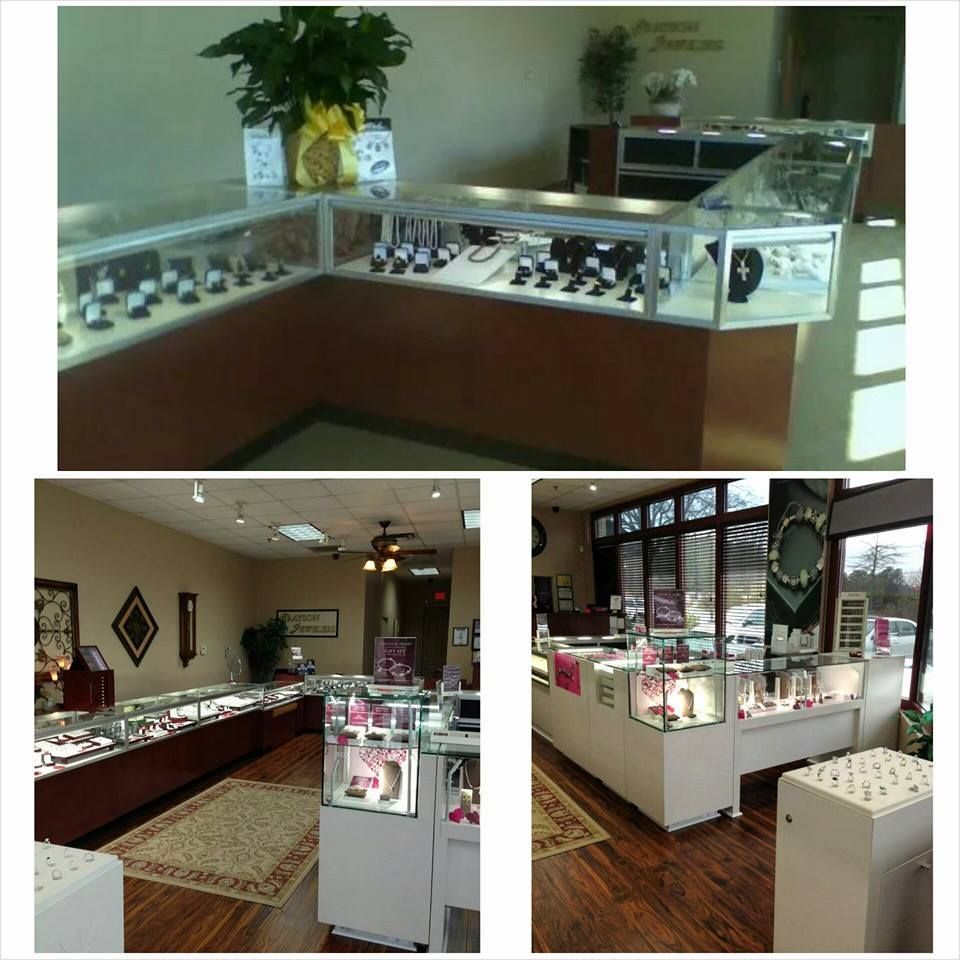 A collage of three pictures of a jewelry store