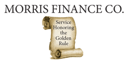 A logo for Morris Finance Co. featuring a parchment scroll graphic that reads, 