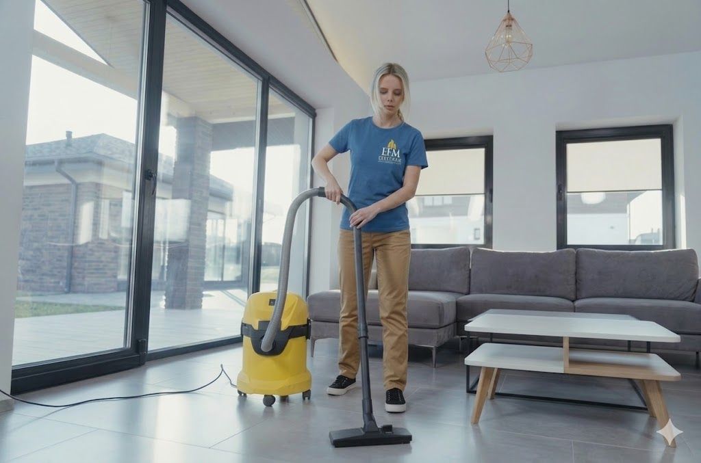 Person vacuuming a bright living room beside a yellow canister vacuum and gray sofa.