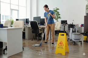 Person mopping an office floor beside a yellow wet-floor sign and desks