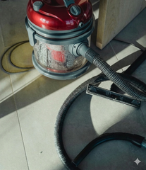 Red canister vacuum cleaner with hose on a sunlit floor indoors