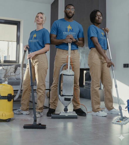Three cleaning staff in blue shirts pose with mops and a vacuum in a bright room.