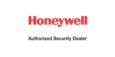 The honeywell logo is shown on a white background . honeywell is an authorized security dealer.