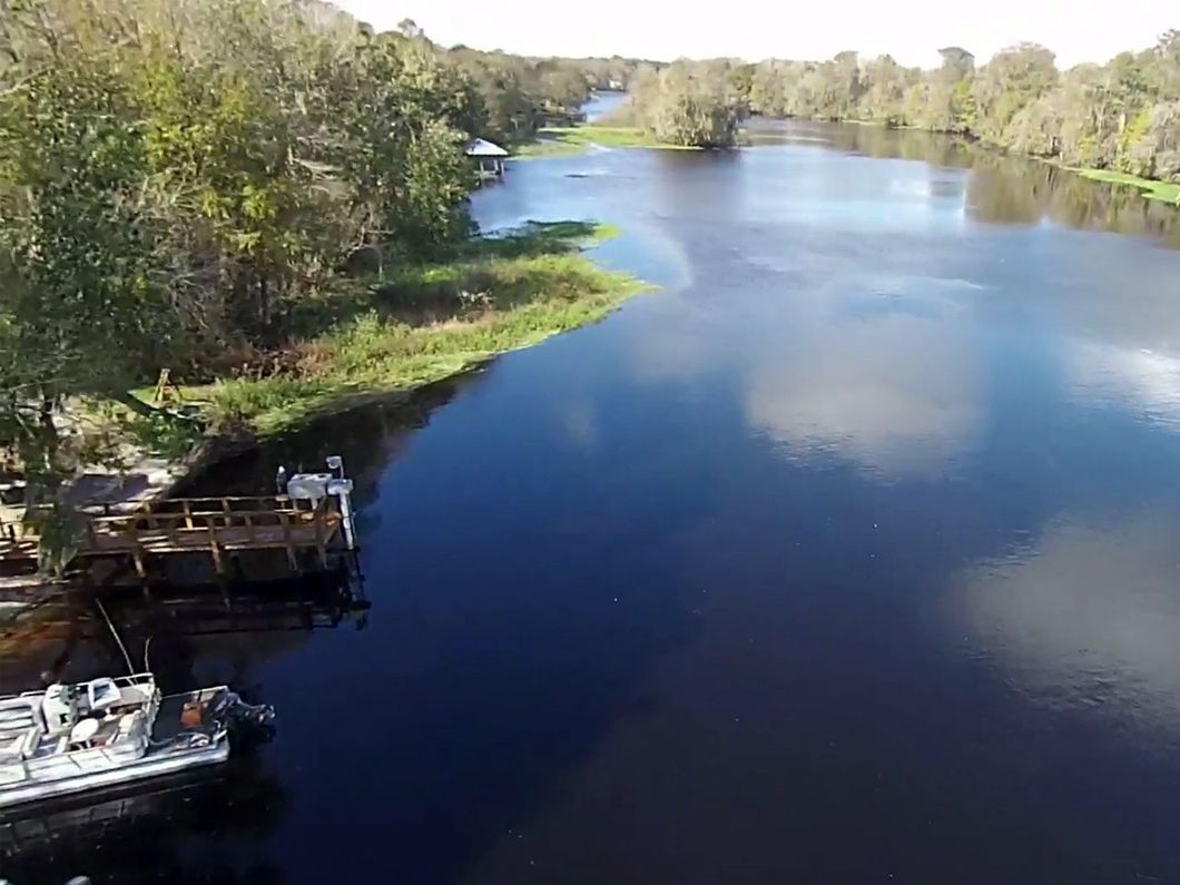 an aerial view of a river surrounded by trees