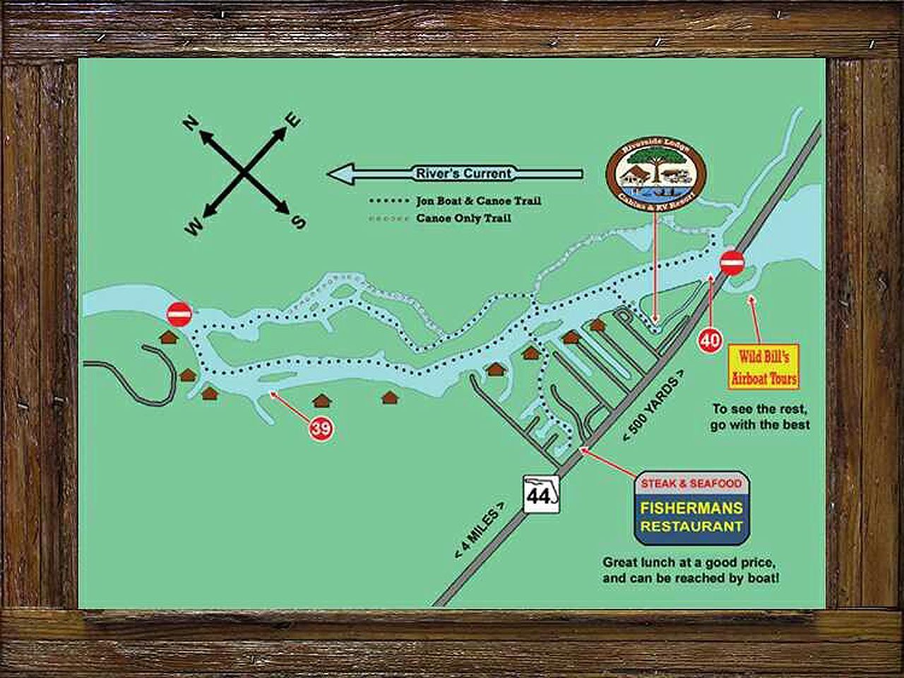 a map of a fishing area with a wooden frame