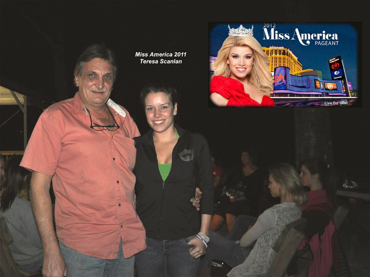 a man and a woman pose for a photo in front of a miss america sign