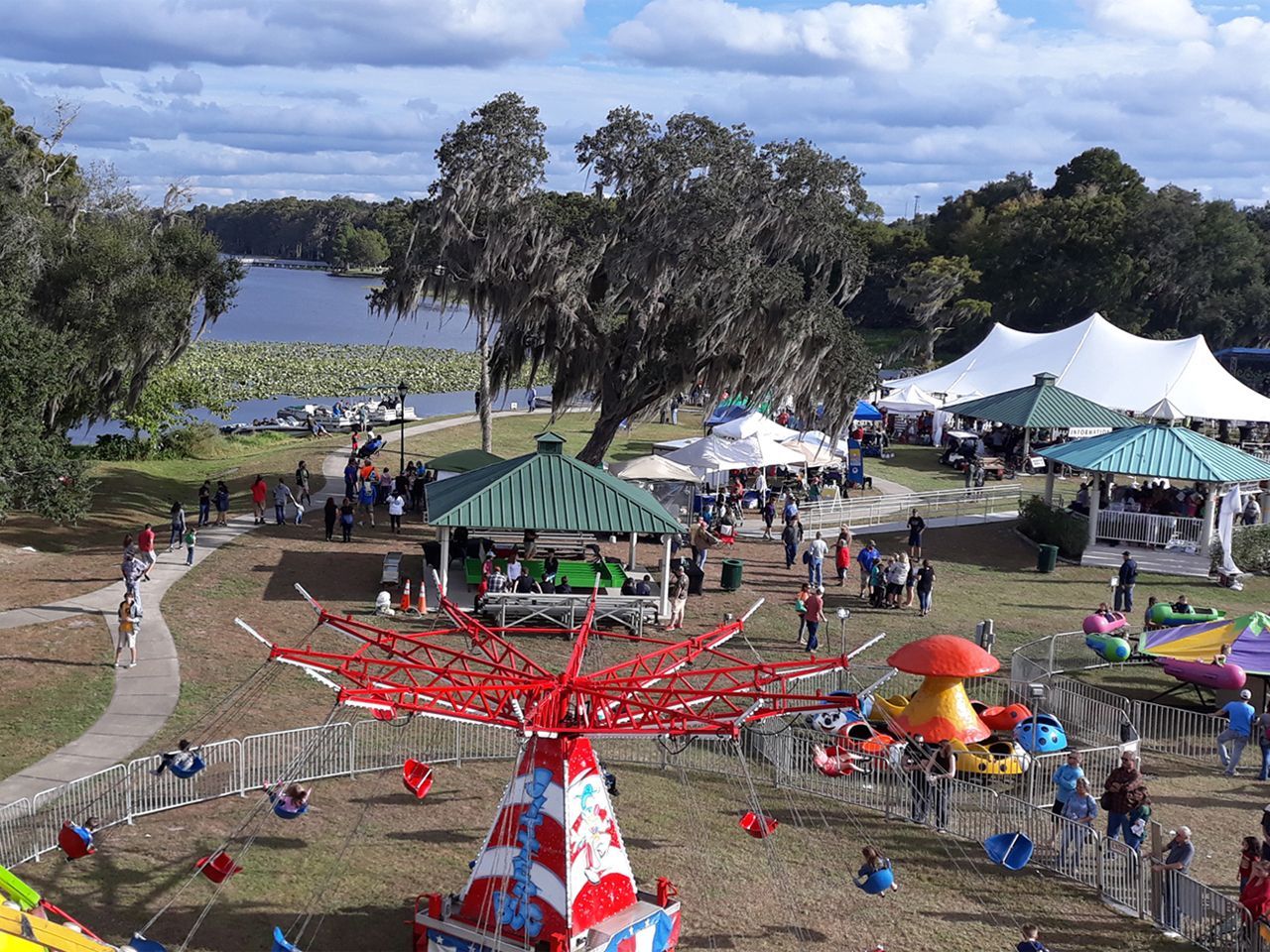 an aerial view of a carnival with a ferris wheel in the middle
