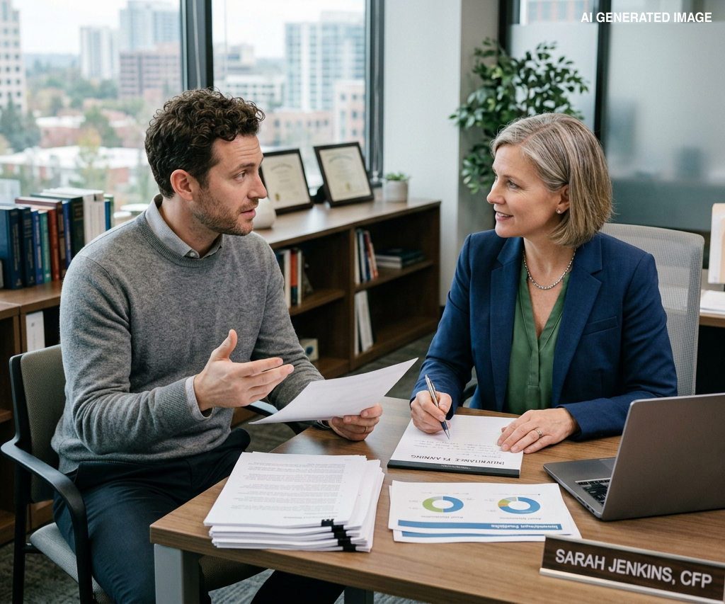 Two coworkers discussing paperwork at a desk in a bright office, with a laptop and chart pages visible.