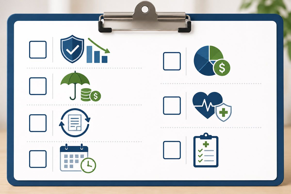 Checklist clipboard with health and finance icons in blue and green