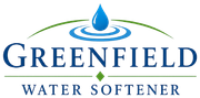 Greenfield Water Softener Logo with Water Droplet, Ripple Graphic, Green Accent Lines, and Company Name in Greenfield, WI