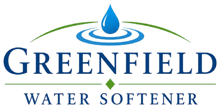 Greenfield Water Softener Logo with Water Droplet, Ripple Graphic, Green Accent Lines, and Company Name in Greenfield, WI