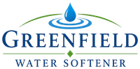 Greenfield Water Softener Logo with Water Droplet, Ripple Graphic, Green Accent Lines, and Company Name in Greenfield, WI