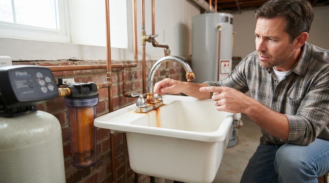 Man inspecting a glass of water beside a utility sink and water softener