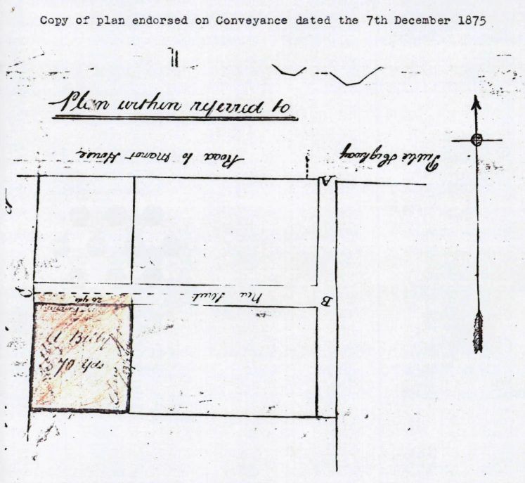 Hand-drawn plan endorsed on an 1875 conveyance, with the plot coloured