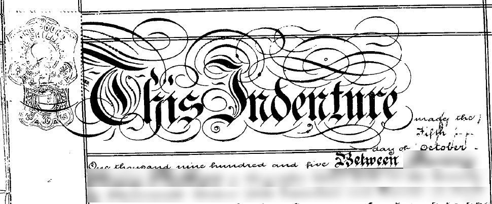 Ornate This Indenture heading from a 1905 deed, with party names removed