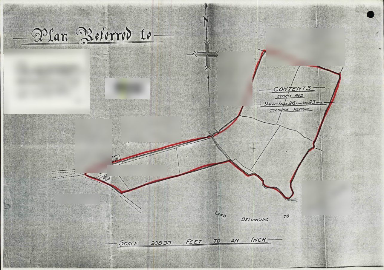 1918 conveyance plan with the land edged red and its area given in Cheshire measure, names removed