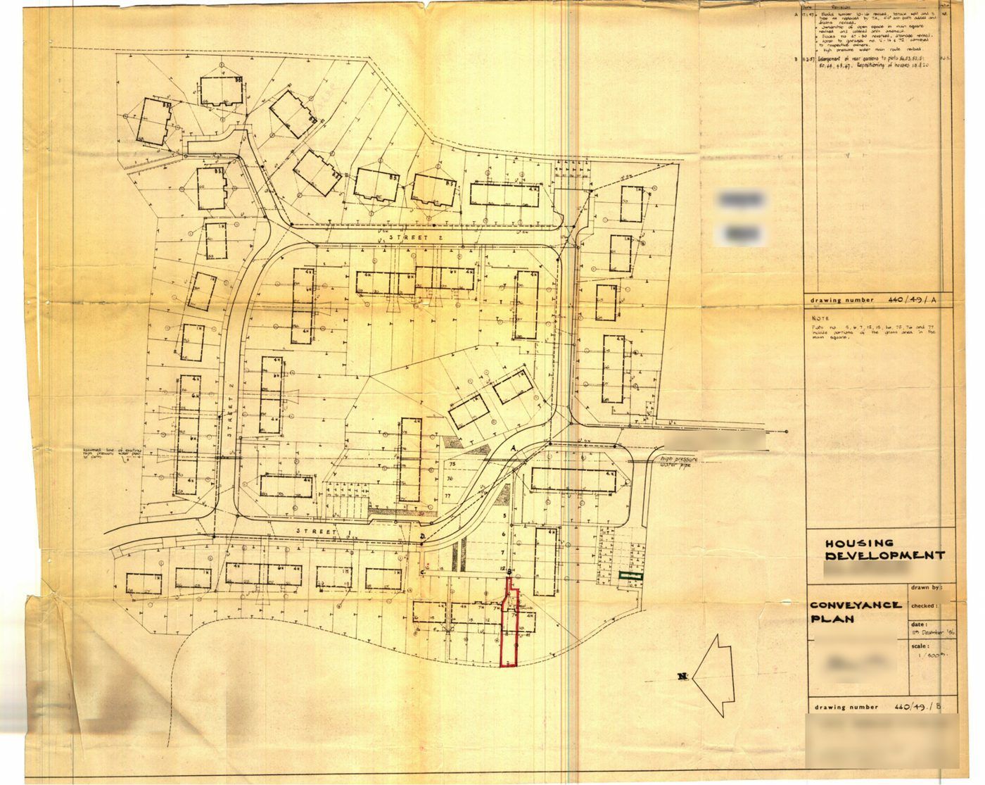 1958 housing development conveyance plan with one plot edged red, names removed