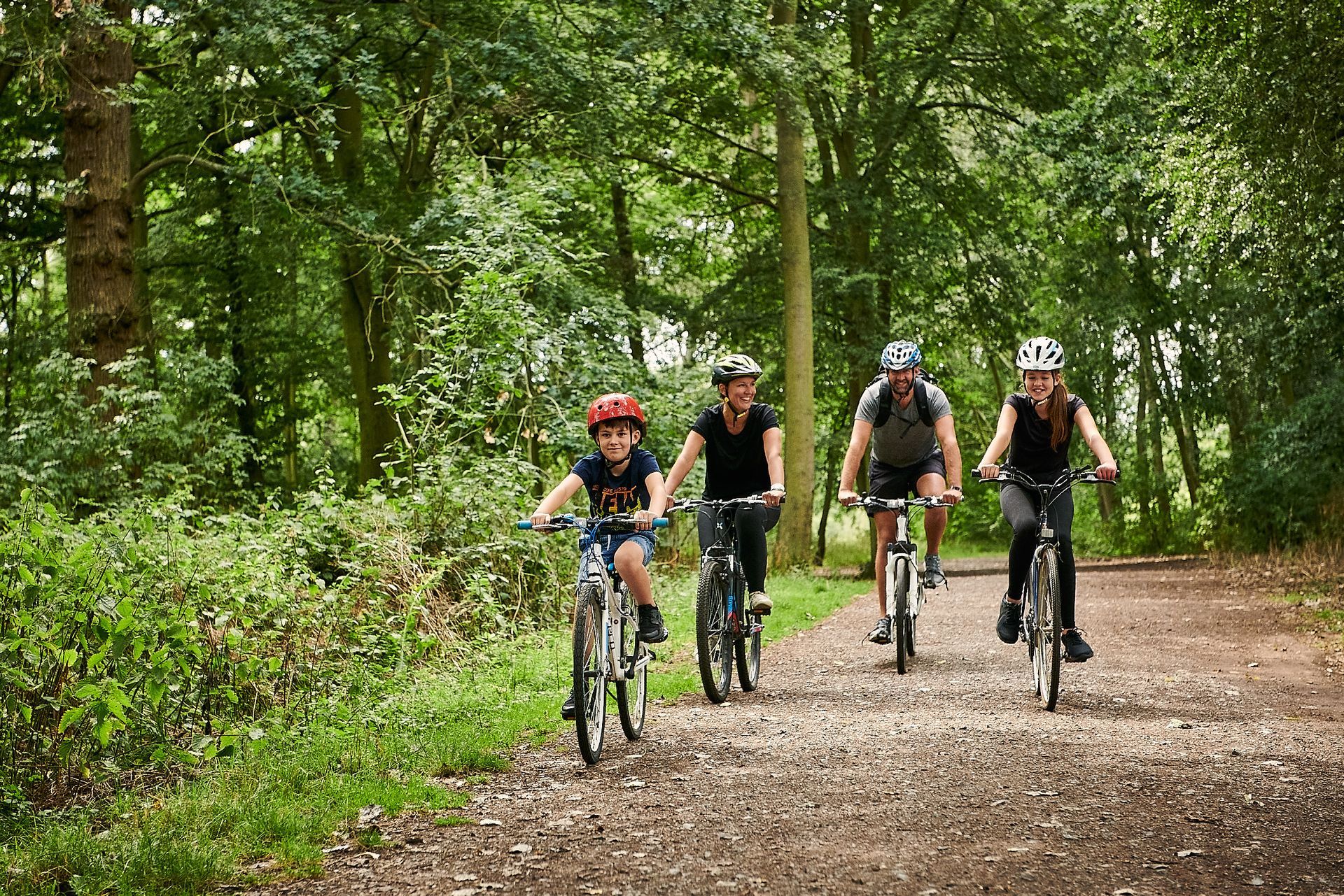 A family is riding bikes down a dirt road in the woods.