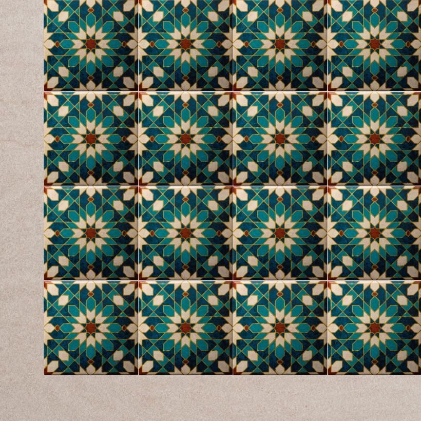 A blue and white tile with a geometric pattern