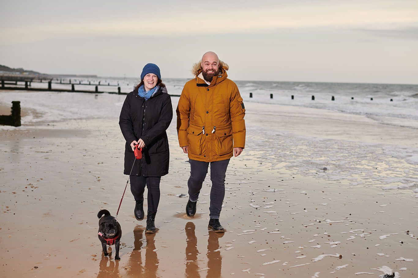 A man and a woman are walking a dog on the beach.