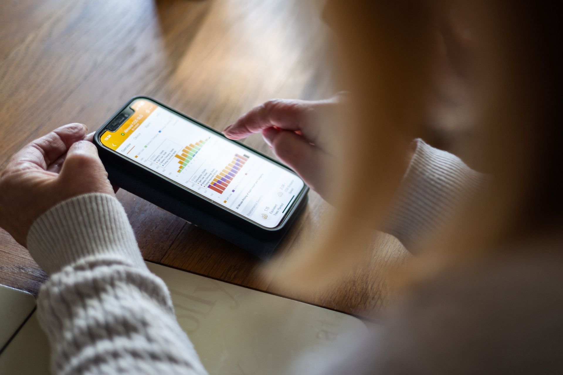 A person is using a cell phone on a wooden table.