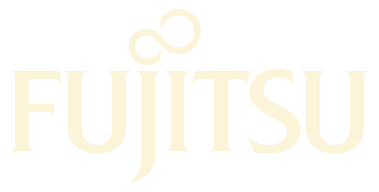 The fujitsu logo is yellow on a white background.