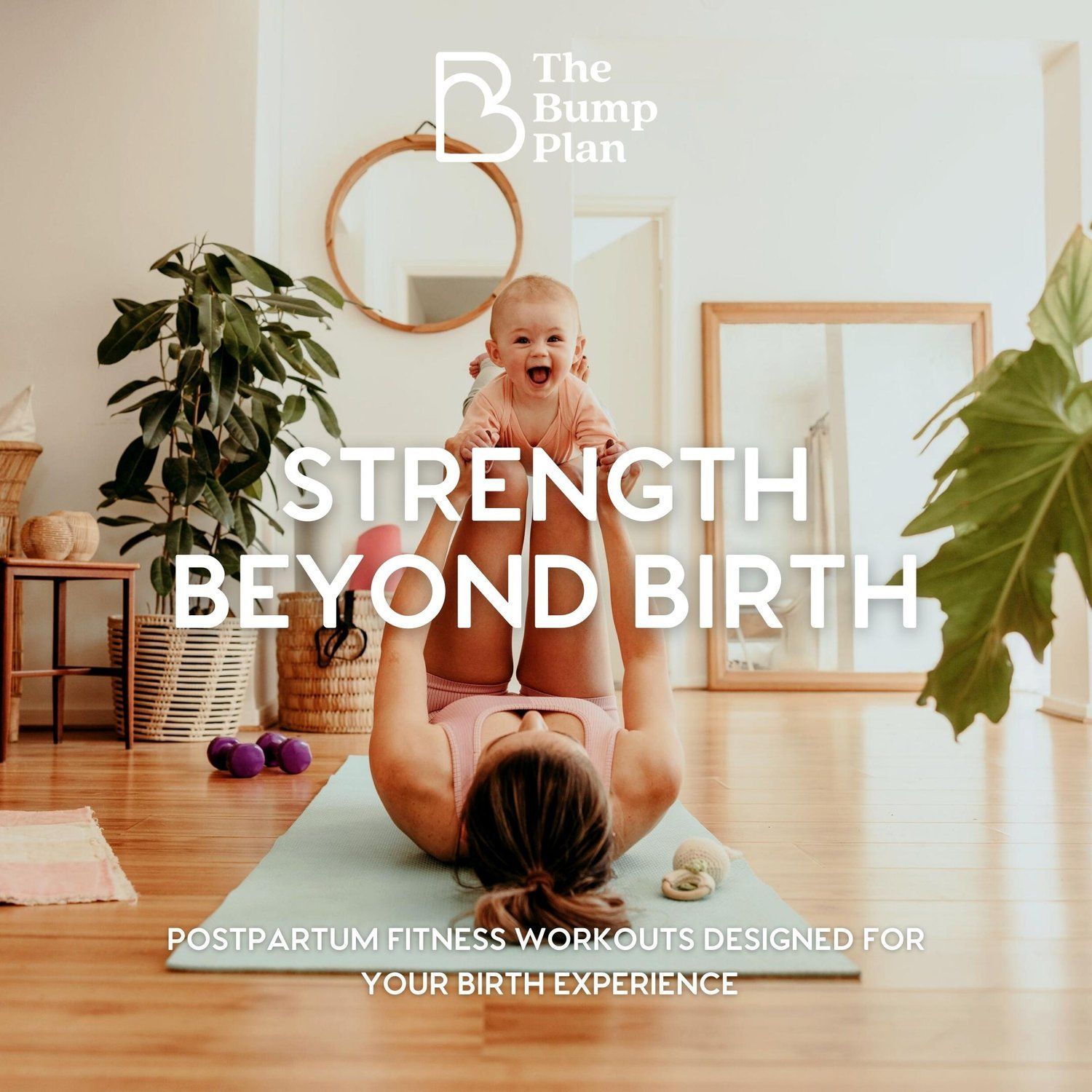 A woman is laying on a yoga mat holding a baby.