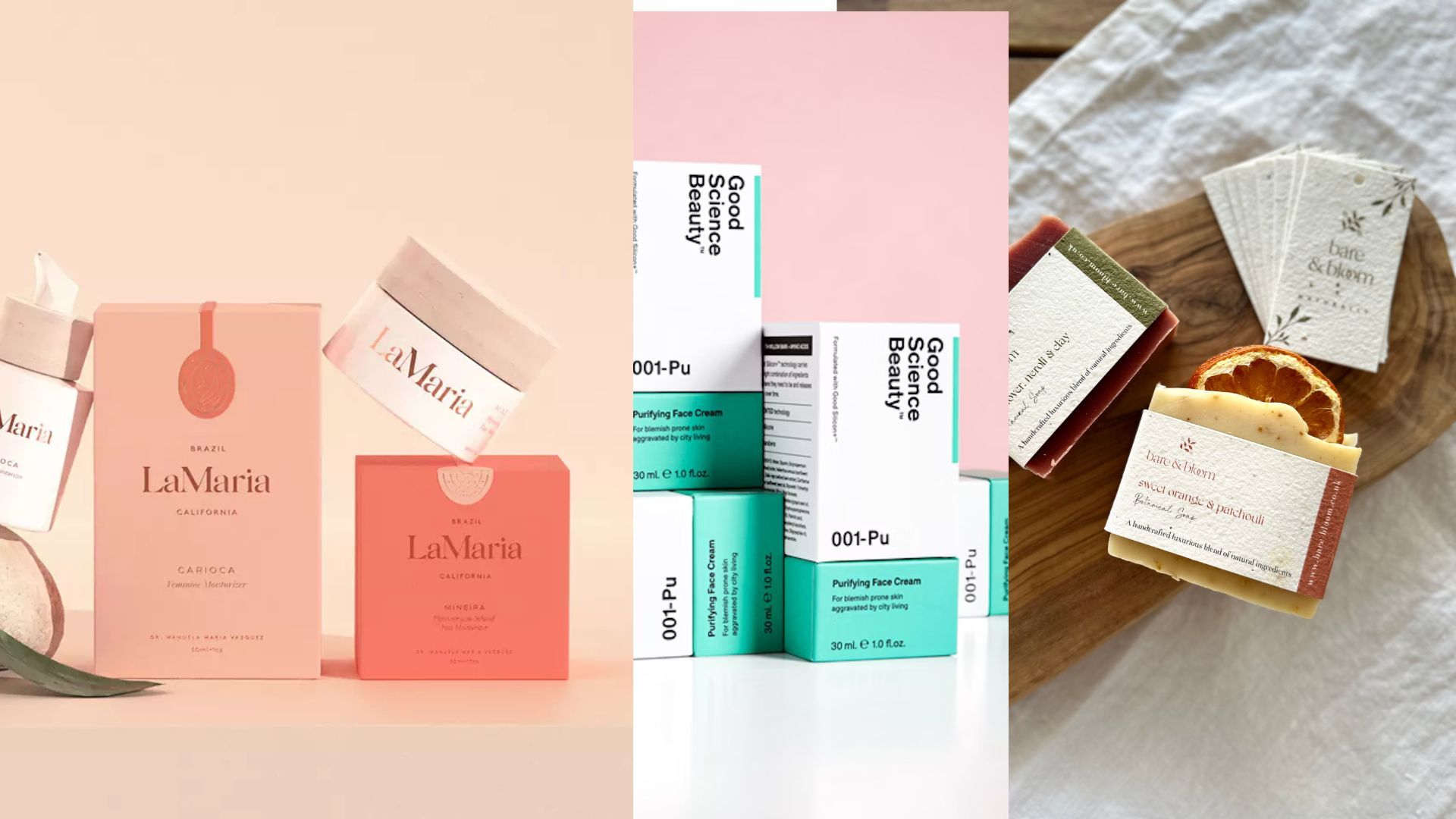 A triptych of skincare packaging illustrating three branding archetypes:
On the left, pale peach-an