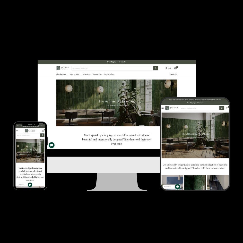 A computer , tablet , and phone are displaying a website.