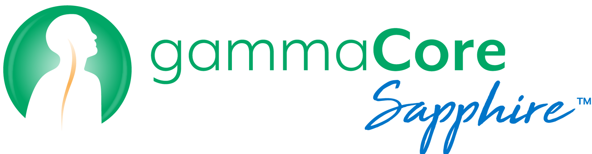 A logo for gammacore sapphire with a green circle