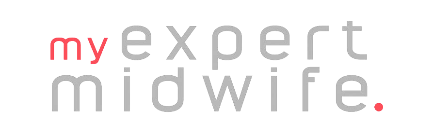 The logo for my expert midwife is white with red letters.