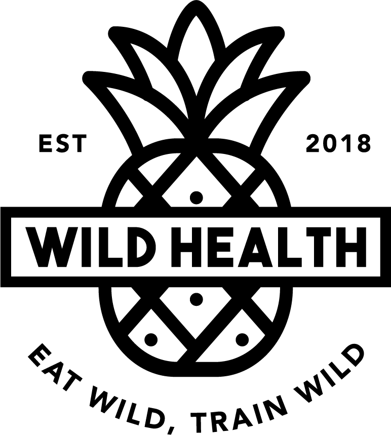 A black and white logo for wild health with a pineapple and the words `` eat wild , train wild ''.